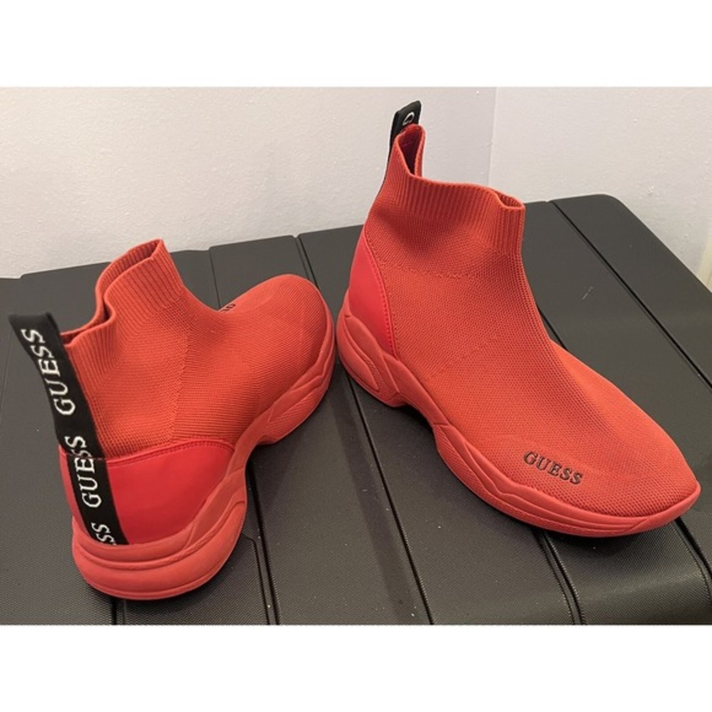 Guess Women's Red Knit Sock Sneakers High‎ Top Logo Pull Tab Slip On Size 9